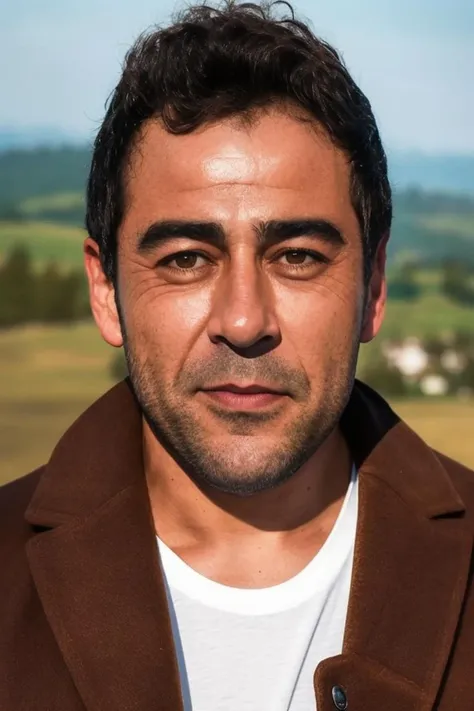 a close up of a man in a brown jacket looking at the camera