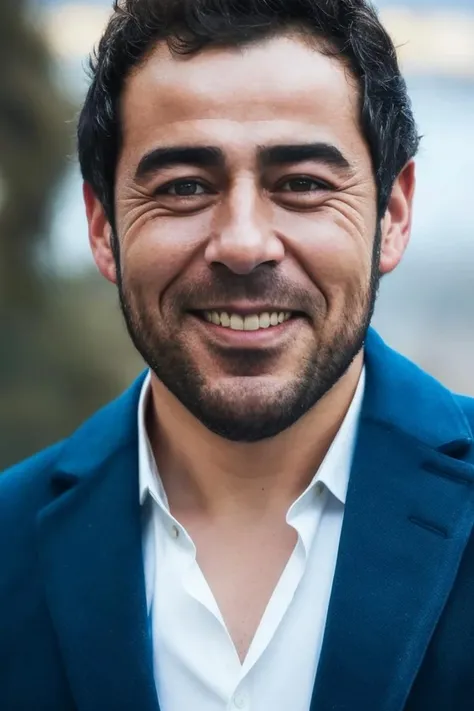 a close up of a man in a blue jacket smiling