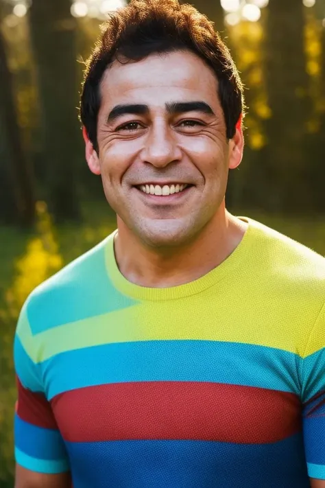 arafed man in a colorful shirt smiling in a field