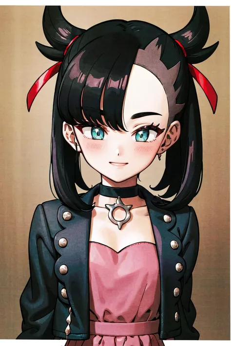 <lora:Toriyama_Akira_Style:0.8>, ((masterpiece,best quality)), absurdres, <lora:marnie_v1:0.7>, hmmarnie, aqua eyes, black choker, red ribbon, pink dress, jewelry, black jacket, open clothes, long sleeves,  solo, smiling, blushing, looking at viewer, upper...