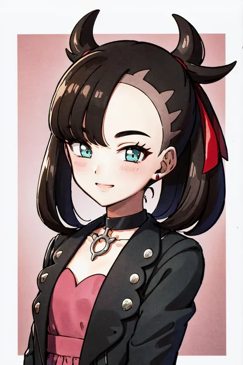 <lora:Toriyama_Akira_Style:0.8>, ((masterpiece,best quality)), absurdres, <lora:marnie_v1:0.7>, hmmarnie, aqua eyes, black choker, red ribbon, pink dress, jewelry, black jacket, open clothes, long sleeves,  solo, smiling, blushing, looking at viewer, upper...