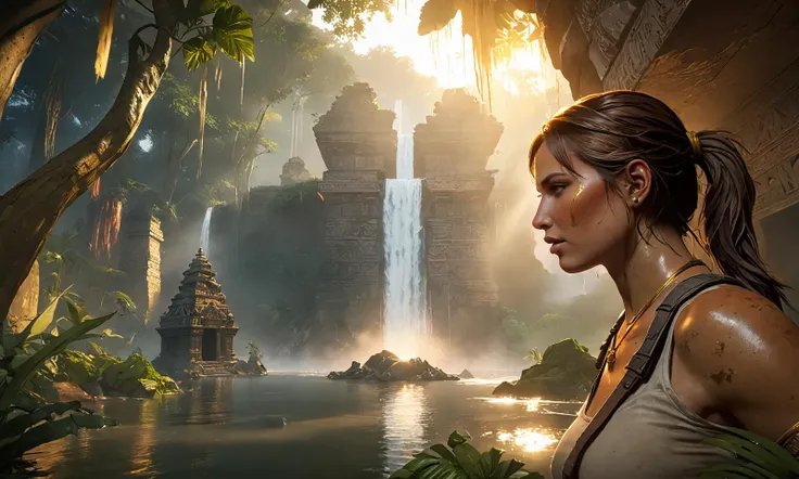 trending on artstation, 4k, masterpiece, of Amidst the mystery of the Amazon, Lara Croft Profile, mature, camp an Aztec tomb, adorned with gold, under cascading waterfall, meticulous attention to details, Serene lake reflecting a fiery sunset, Layered comp...