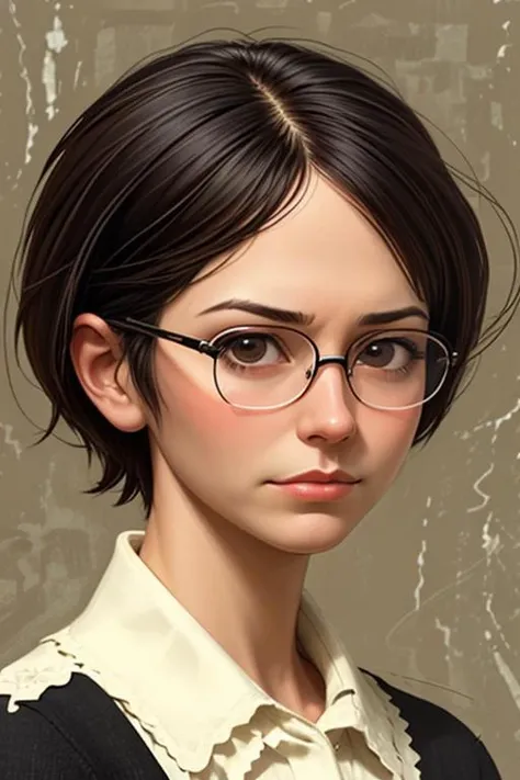 solo, looking at viewer, short hair, mature woman focus, glasses, frown, art, digital art, painting, photoshop, sketch, drawing, close-up