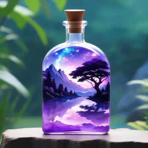 there is a bottle with a painting of a mountain scene inside