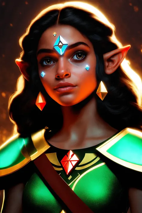 Portrait Shot, Photo of beautiful (dark skinned:1.2) Princess Zelda, (solemn expression:1.3), tri-force emblem, (realistic hair, real hair, perfect hair, photorealistic, photorealism, photo, real life, extra detail:1.2), in a dark illuminated atmosphere, f...