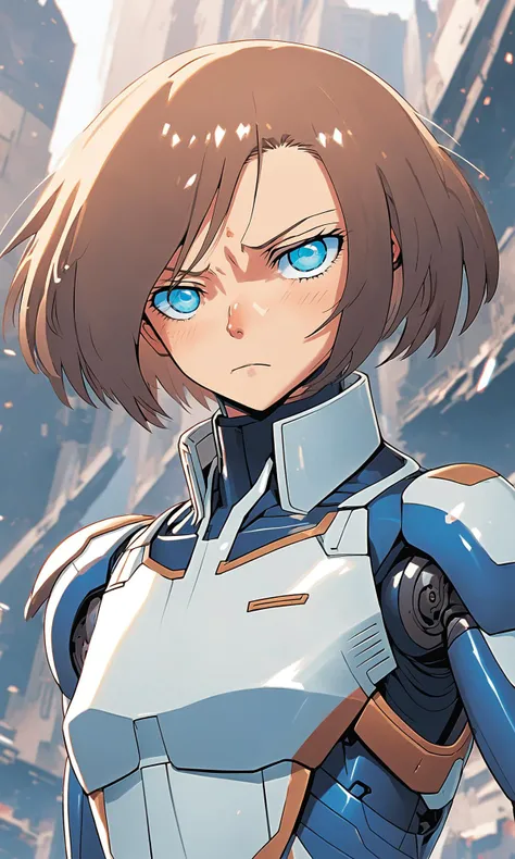 (tan skinned:1.25) Battle Angel Alita, (solemn blank exprssion:1.2), blue eyes, 

flat anime style, 2d, studio illustration, dynamic, virbant, crisp