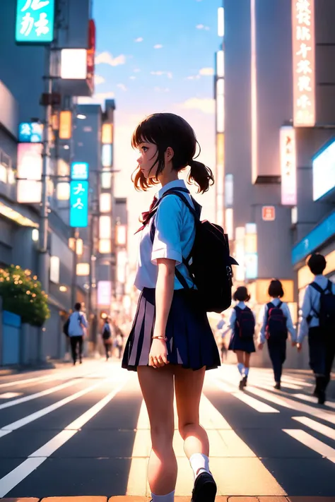 anime girl in school uniform standing on a city street