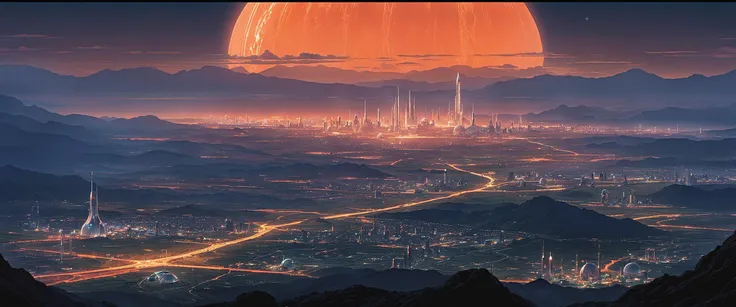 a view of a city with a large orange sun in the background