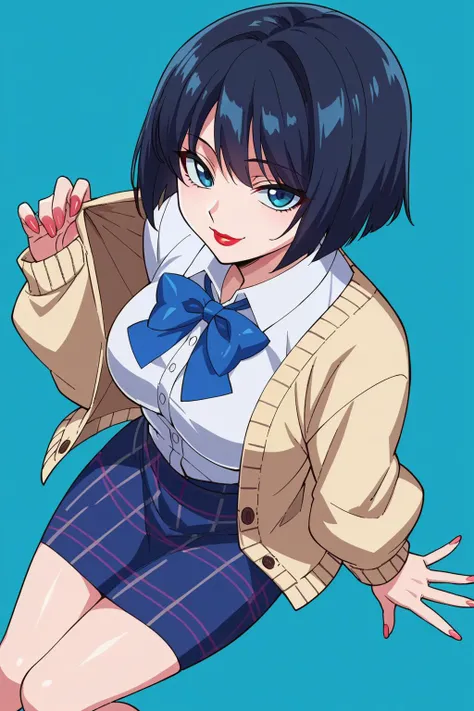 score_9, score_8_up, score_7_up, score_6_up, score_5_up, score_4_up, BREAK source_anime,1girl,solo, anime screencap,smile,looking at viewer
bob cut,lipstick,lips,cardigan,plaid skirt,sexy pose,top angle,from above