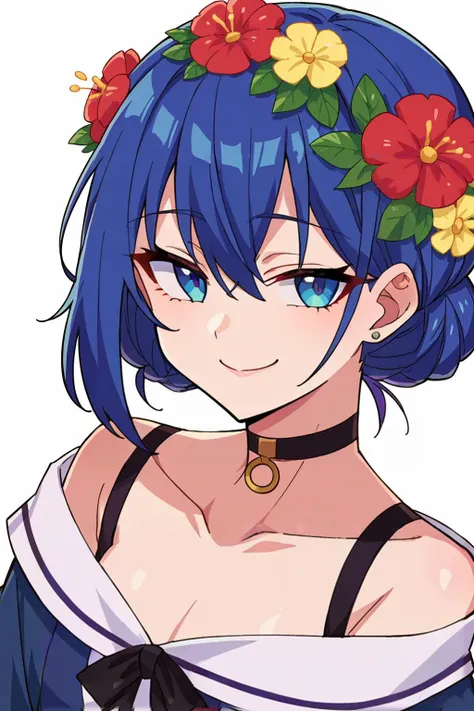 a close up of a woman with blue hair and flowers in her hair