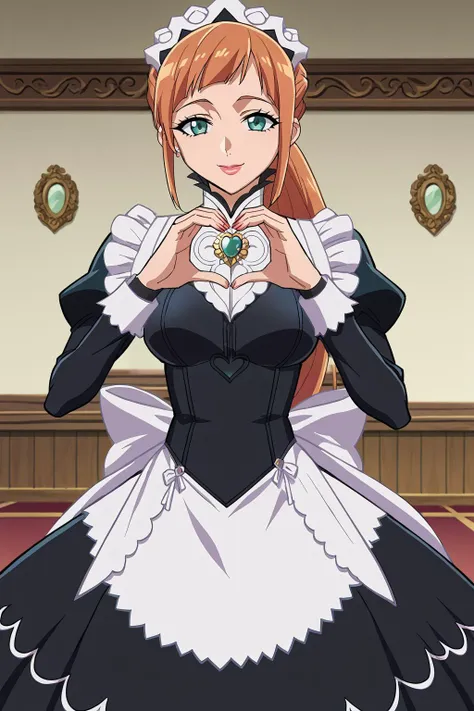 a woman in a maid outfit holding a heart shaped object