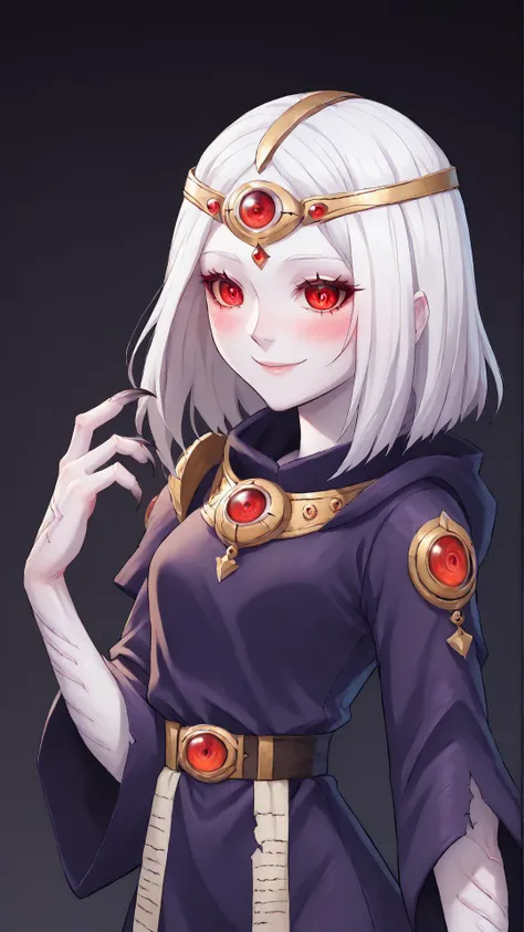 a woman with white hair and red eyes wearing a purple outfit