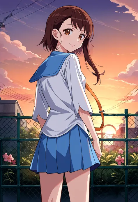 anime girl in a blue skirt and white shirt standing in front of a fence