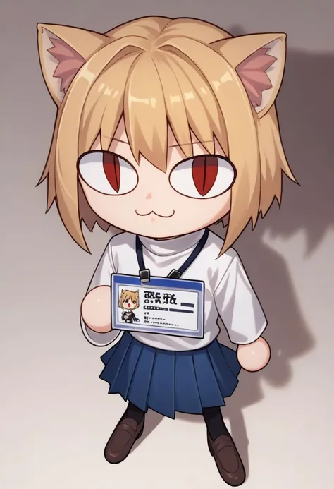 score_9, score_8_up, score_7_up, 1girl, solo, necoarc holding a id card, blonde hair, red eyes, slit pupils, cat ears, :3, chibi, turtleneck, white shirt, blue skirt, pleated skirt, pantyhose, brown footwear, from above