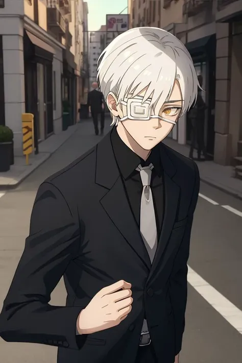 bai,white hair,right white eye mask, suit,1boy,street, masterpiece, best quality,  <lora:bai-v2-000008:0.7>