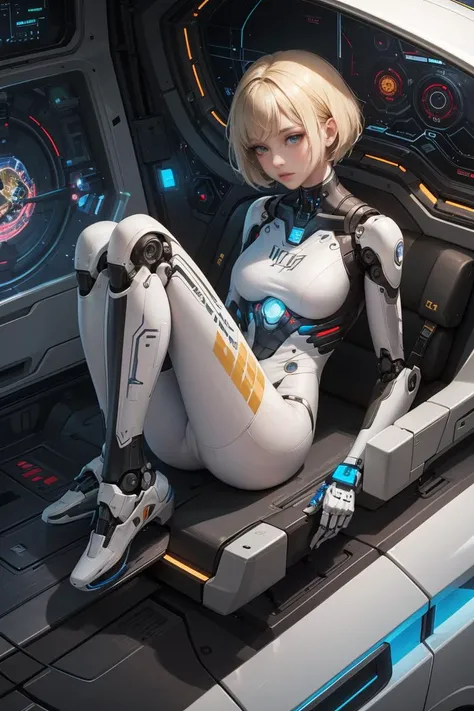 official art,unity 8k wallpaper,ultra detailed,beautiful and aesthetic,beautiful,masterpiece,best quality,(zentangle, mandala, tangle, entangle),girl,skin tight white bodysuit,blonde short hair,eyes blue,small breasts,chrome robotic parts,luxurious cyberpu...