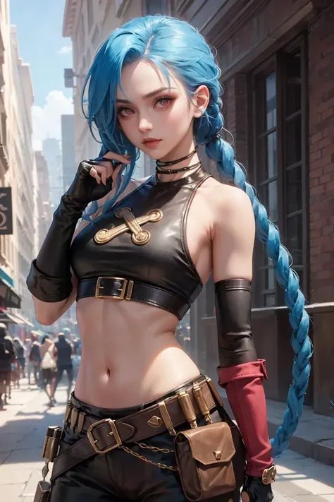 JinxLol,mature female,1girl,solo,looking at viewer,navel,gloves,fingerless gloves,character name,midriff,bare shoulders,looking at viewer,gun,crop top,belt,outdoors,<lora:JinxLol:0.8>,