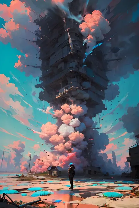 A person stands in front of a house looking at a huge floating milkshake, with apocalyptic art style, realistic genre scenes, colorful explosions, American tones, surrealist portraits, mushroom nuclei, explosive wildlife,Acrylic <lora:å¨ç½é¦åä¸¨ä¸ç¯...