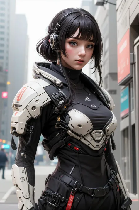 arafed woman in a futuristic suit standing on a city street