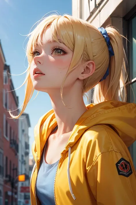 a woman with blonde hair and a yellow jacket is looking up