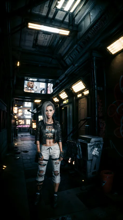 ((portrait shot)) a full body photo of 2077v <lora:2077V:0.6>, a woman wearing a jacket white t-shirt leather pants black makeup, Dark hallway, water pipes leaking, graffiti, cables connecter to servers, cables on the ceiling, led spotlights, trash bins, d...