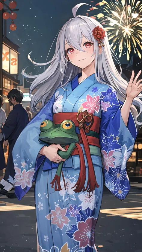 anime girl in kimono outfit holding a frog in her hand