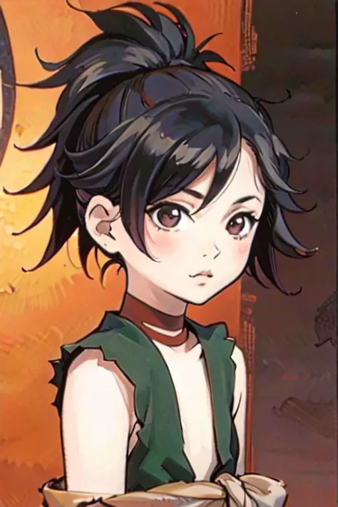 anime girl with black hair and green vest holding a plate of food