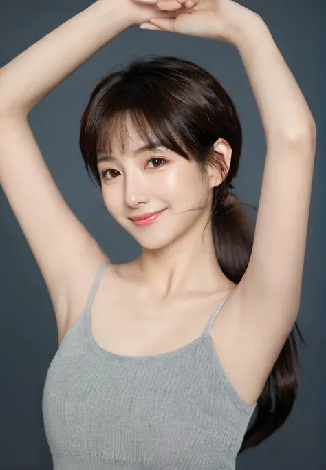 woman,moyou, solo, looking at viewer, armpits, brown eyes, lips, long hair, black hair, arms up, smile, simple background, ponytail, camisole, brown hair, closed mouth, upper body, Beautiful Chinese Women, She has exquisite facial features and delicate ski...