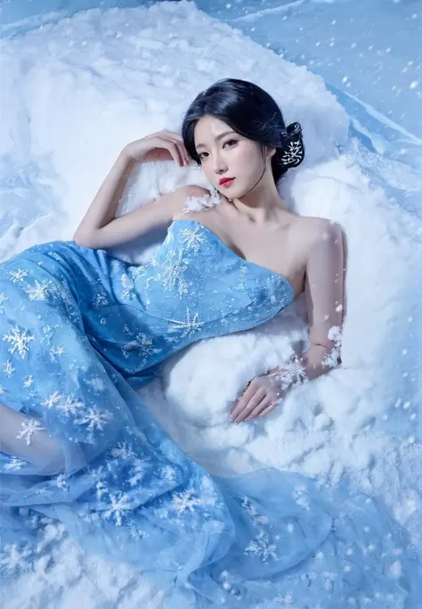 woman,moyou, solo, on side, dress, lying, black hair, blue dress, snow, blue eyes, blue theme, looking at viewer, bare shoulders, lips, breasts, hair ornament, bare arms, A Beautiful Chinese Woman