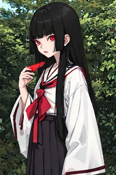 anime girl with long black hair and red eyes holding a flower