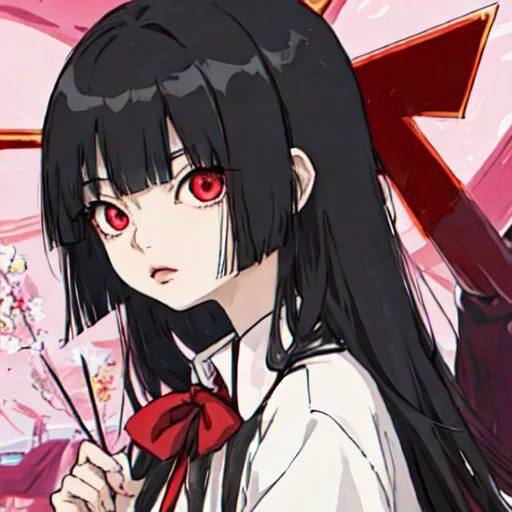 anime girl with long black hair and red eyes holding a flower