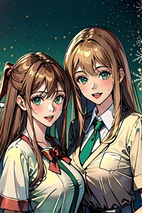 two anime girls are standing next to each other in front of a christmas tree