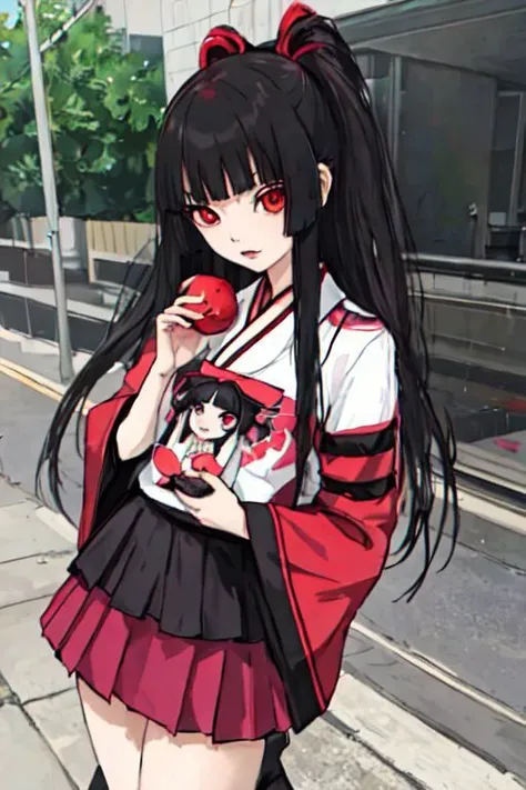 anime girl with long black hair and red and white shirt