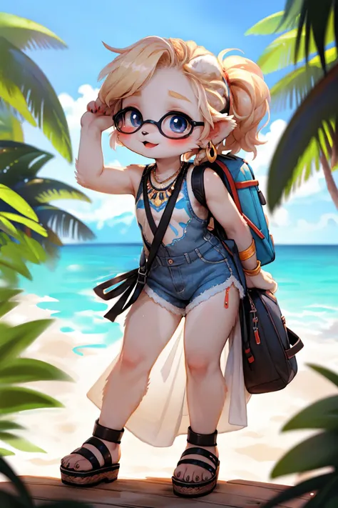 a cartoon girl with glasses and a backpack on a beach