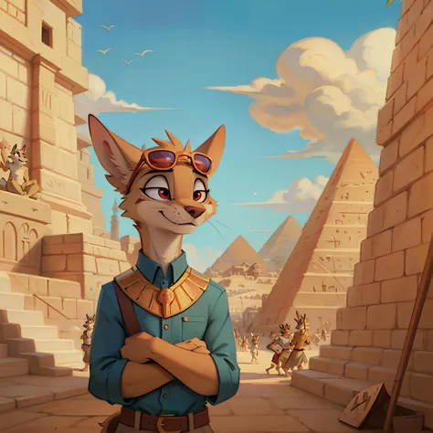 cartoon cat in a blue shirt and sunglasses standing in front of a pyramid