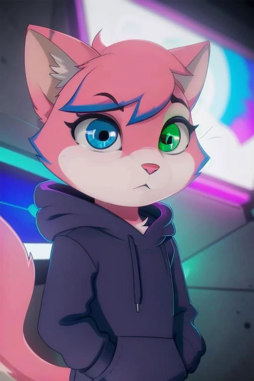 a close up of a cat with a hoodie on standing in front of a neon sign