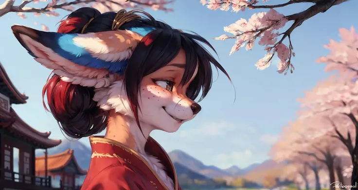 (fox ears, fox nose, small breasts, fluffy tail, traditional chinese outfit:1.1), cherry blossom tree, fall, outdoor, daytime, close up face, hair ornament, hair bun, happy, cute, solo, 1girl, female, anthro, smile, blush, round face, freckles, side view, ...