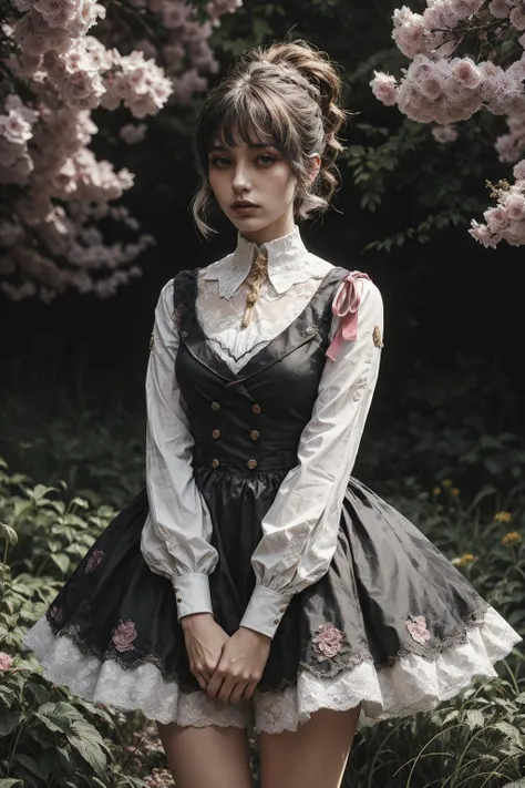 a close up of a woman in a dress standing in a field of flowers