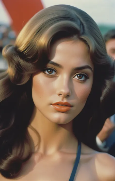 cinematic dark photo of beautiful  woman,  hazel eyes, medium brown prom hairstyle, (curvy and busty:3), 1970s hairstyle, At a 1970s Race Track: Roaring engines, helmeted drivers, crowds cloudy weather, backlit BREAK stunning beauty, detailed skin, skin te...