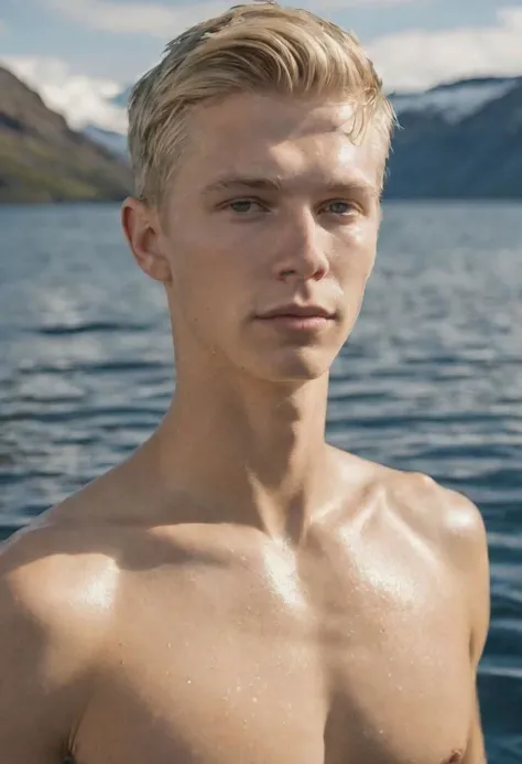 photo of Finnish blond boy, ((shirtless)), Icelandic thermal swimming pool, fjord background, wearing (((small dark blue speedo low around their waists))), buzzcut crewcut hair, golden hour lighting, wet, steamy, boyish