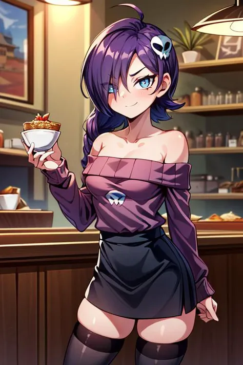 a woman in a purple dress holding a bowl of food