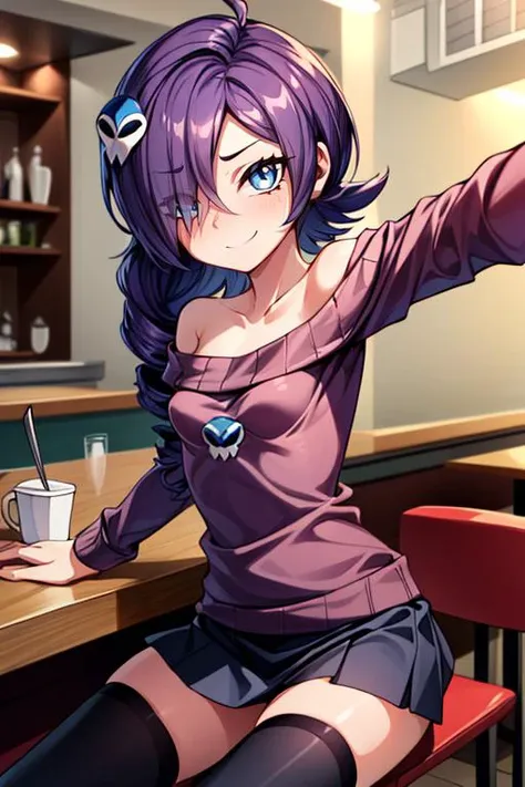 anime girl sitting at a table with a cup of coffee