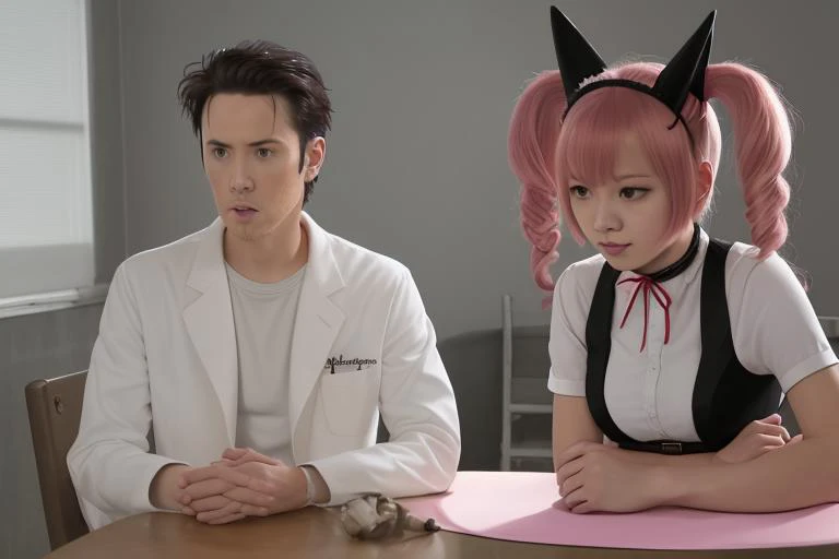 2shot, photograph, real-life, okabe-18000, whitecoat, workshop table, teenager, college student, young,  (lanky:0.4),  AND
2shot, photograph, real-life, rumiho,  mischievous, black cat ears with white headband, workshop table, (pointed chin:1.2),  pink hai...