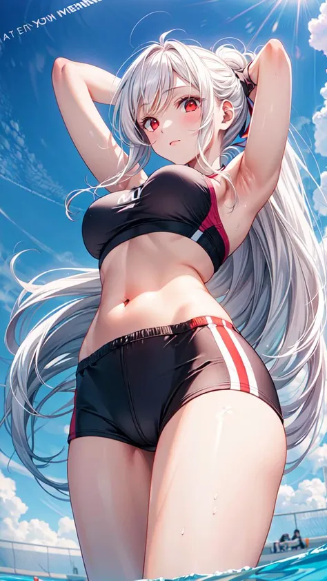 masterpiece,best quality,highres,illustration,hyper detailed,8k cg wallpaper,ray tracing,((white hair:1.2)),((red eyes:1.2)),((long hair:1.2)),((straight hair:1.3)),medium breasts,(hiten1:0.8),<lora:add_detail:1>,from below,low angle shot,<lora:From_Below_...