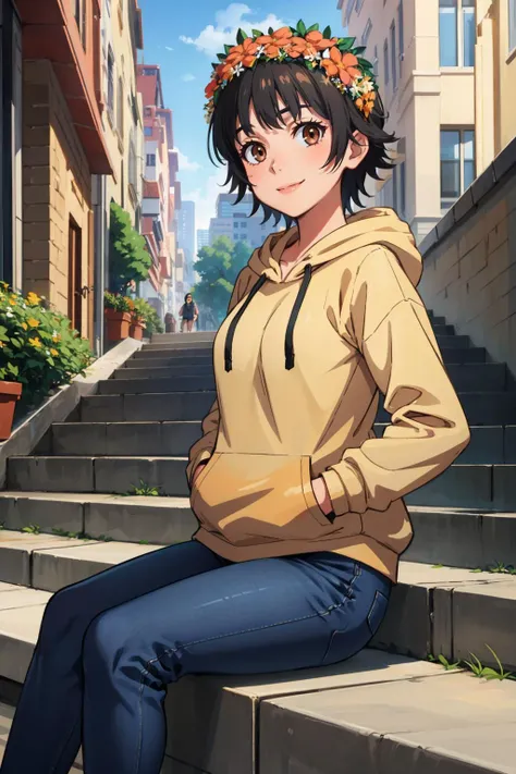 masterpiece, best quality,  <lora:LoRA_Kazari:1> uiharu kazari, brown eyes, black hair, short hair, hair ornament, flower, hair flower, head wreath, grey hoodie, jeans, smile, hands in pockets, city street, stairs, sitting