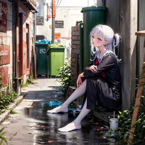 a girl in a school uniform sat on the wet ground in a dirty and cluttered alley, her clothes soaked through from the rain.white ...