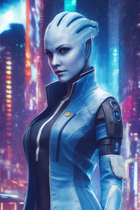 woman, asari, close up, action pose, sci-fi complex clothes, cyberpunk, blue_skin, cyberpunk warehouse, rain, looking into the camera, hair flying, (anime), (illustration), cartoon, detailed
 <lora:0Asari2:0.5>