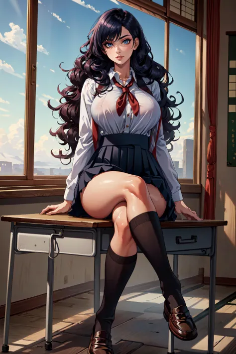 (masterpiece, best quality, ultra detailed, absurdres)1.5, 1girl, (sexy, beautiful woman, perfect face, perfect eyes, perfect female body, huge breasts)1.5, (japanese school uniform, skirt, [knee socks|thigh socks], loafers, long hair, big hair,  <lora:big...