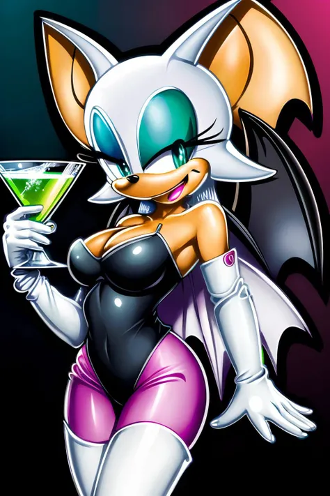 Rouge_the_Bat, chibi, green eyes, bat wings, make-up, bare shoulders, pink heart,black bodysuit, white gloves, looking at viewer, smiling, happy, mouth open,
inside a club, holding a martini glass full of lime juice, neon lighting,extreme detail, hdr, fant...