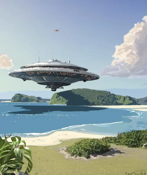 <lora:SDXL1.0-LoRa_TerryMoyle_Stlye_dooglewoogle:1> art by terry moyle, new zealand, ,         huge square spaceship landing on top of (paradise island:1.3),sunny day, space opera,